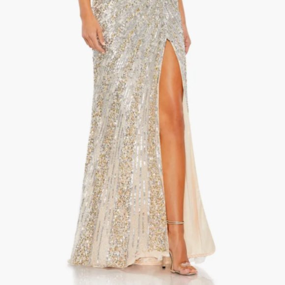 MAC DUGGAL ONE SHOULDER SEQUIN BEADED LACE UP BACK NUDE/SILVER GOWN sz 2 - Picture 7 of 8